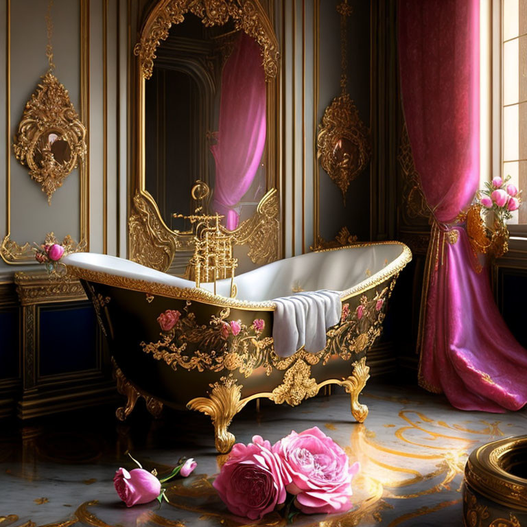 Luxurious Bathroom with Golden Claw-Foot Bathtub and Floral Decor