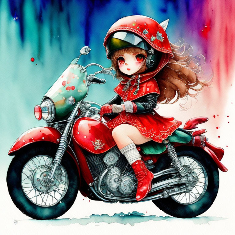 Colorful Illustration of Young Girl on Motorcycle with Watercolor Background