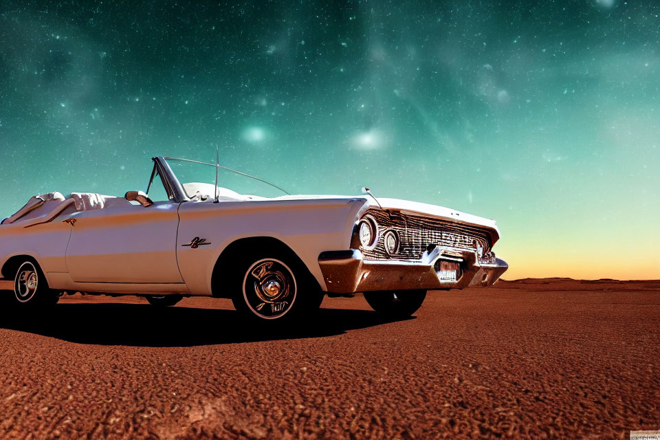 Classic Convertible Car Under Starry Night Sky with Aurora Borealis