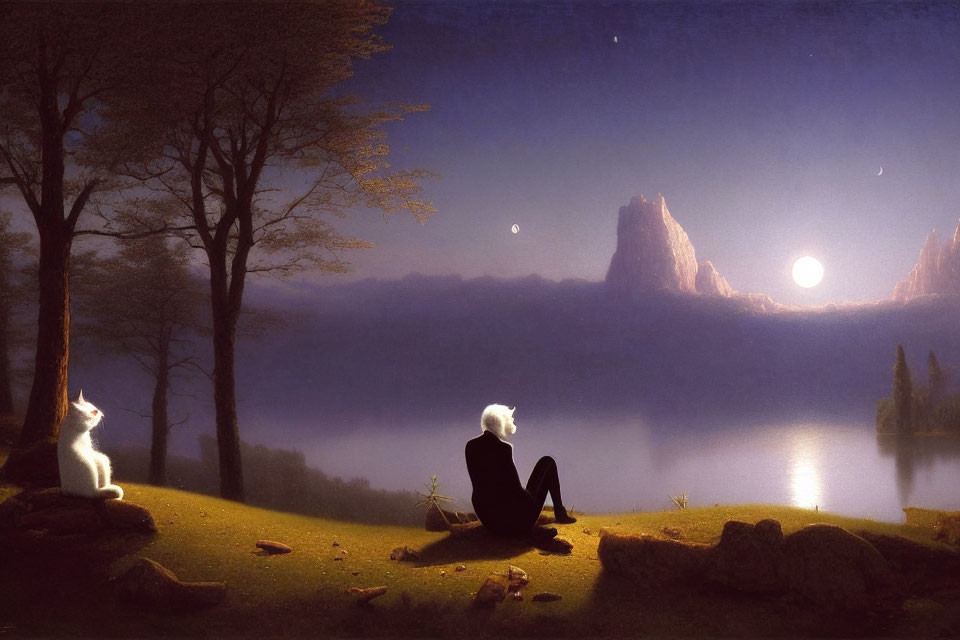 Nighttime scene by tranquil lake with person and cat, two moons in the sky