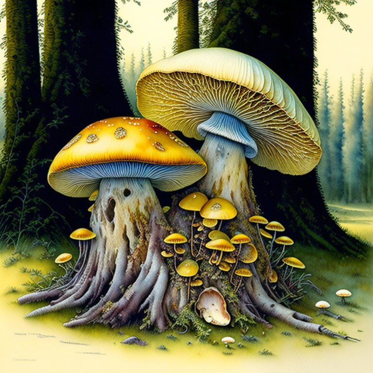 Illustration: Mushrooms with human-like features in lush forest