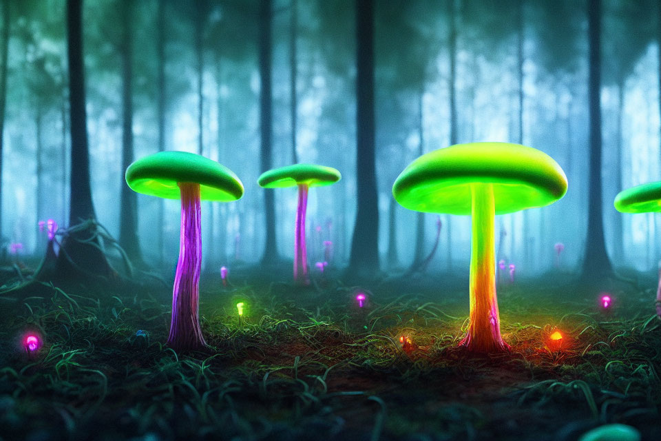 Glowing oversized mushrooms in mystical forest with colorful lights