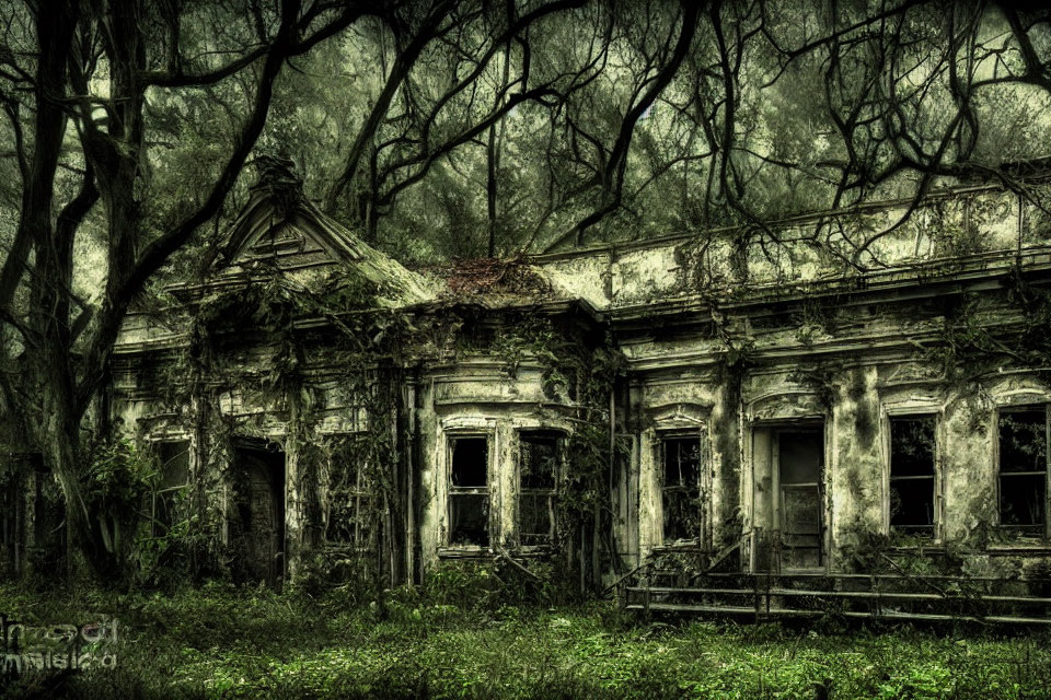 Desolate abandoned house engulfed by overgrowth in dark forest