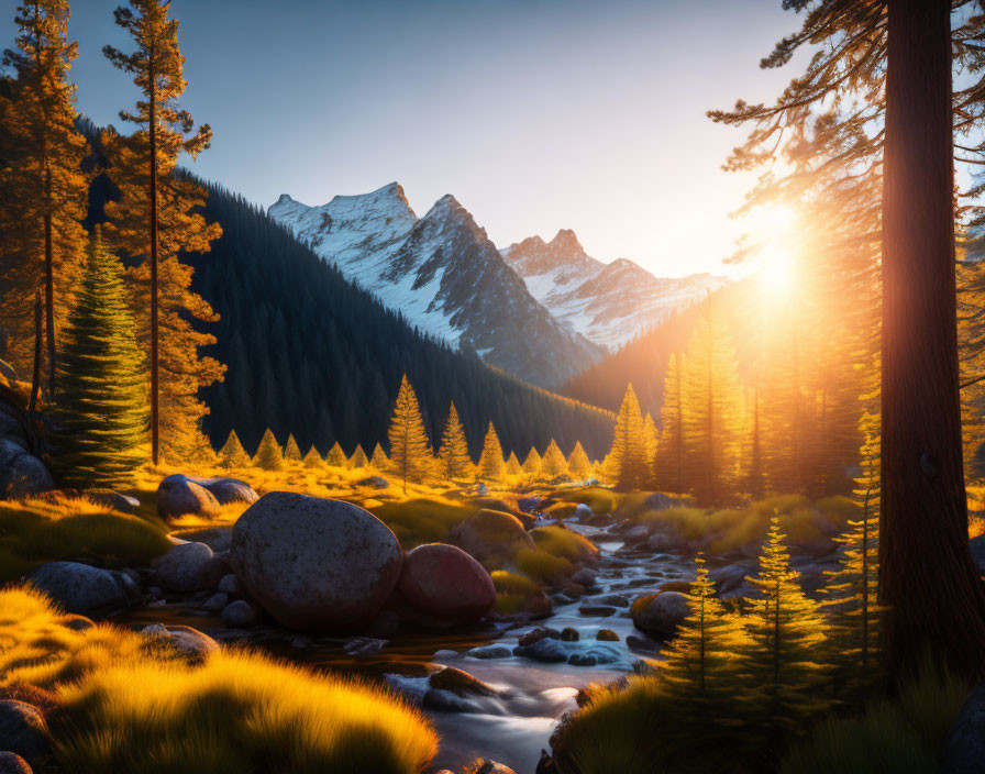 Mountainous Landscape at Sunrise with River, Pine Trees, and Rocks