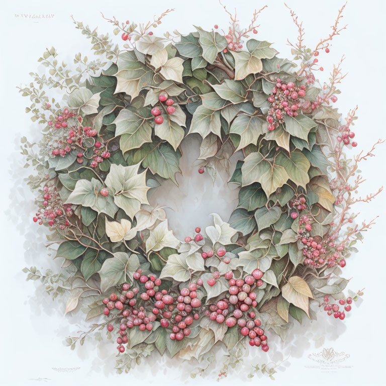 Circular wreath botanical illustration with green leaves, red berries, and white flowers.