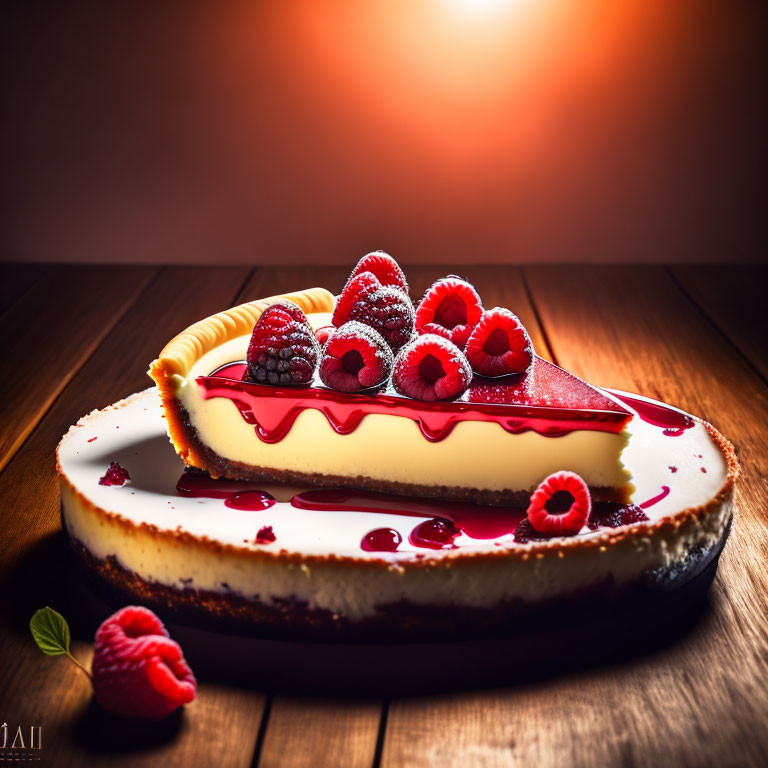 Cheesecake slice with raspberries and red sauce on wooden table