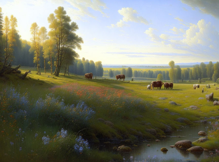 Rural scene: cows grazing by stream amidst trees and wildflowers