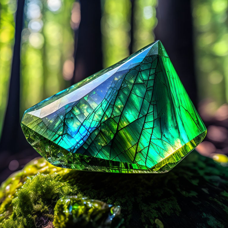 Intricate Green Gemstone with Web-like Patterns on Mossy Forest Floor