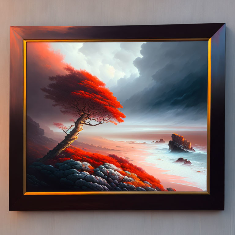 Vibrant framed artwork: Glowing red tree on rocky terrain, stormy sky, serene ocean