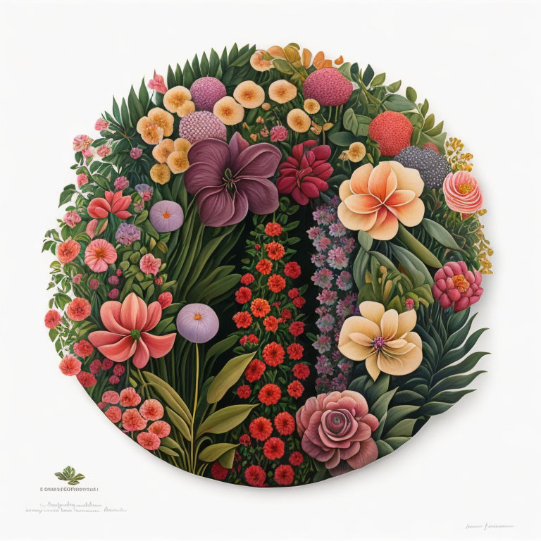 Colorful Circular Bouquet of Illustrated Flowers on White Background