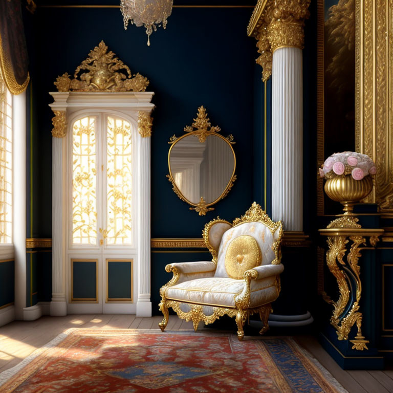 Luxurious Baroque-inspired room with gold armchair, ornate mirror, chandelier, and grand