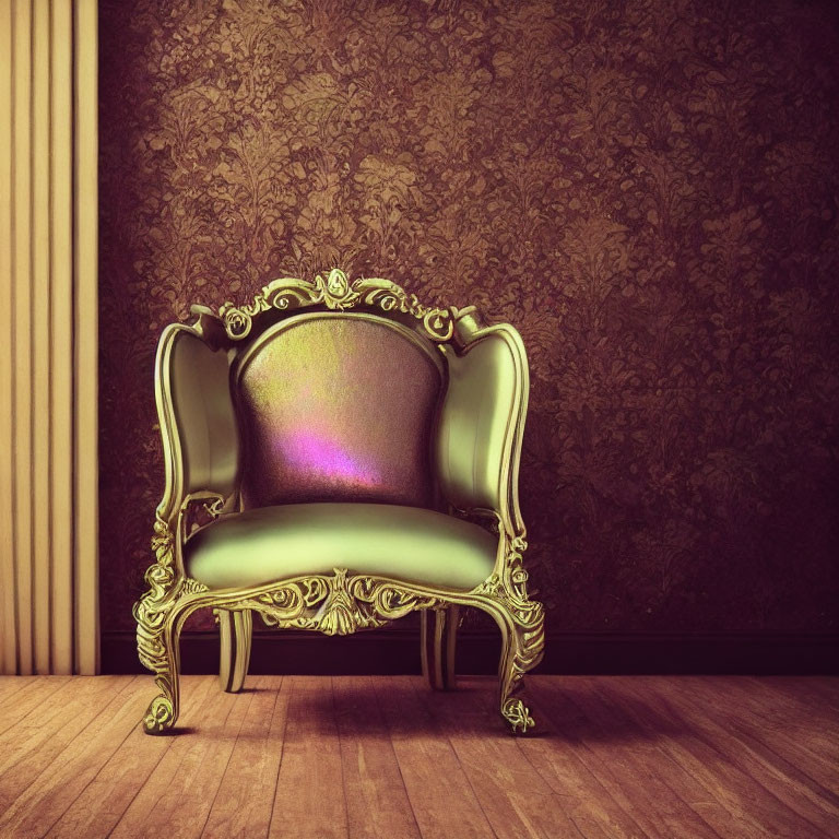 Vintage-style Room with Ornate Gold-Trimmed Green Armchair on Textured Brown Wallpaper and Wooden