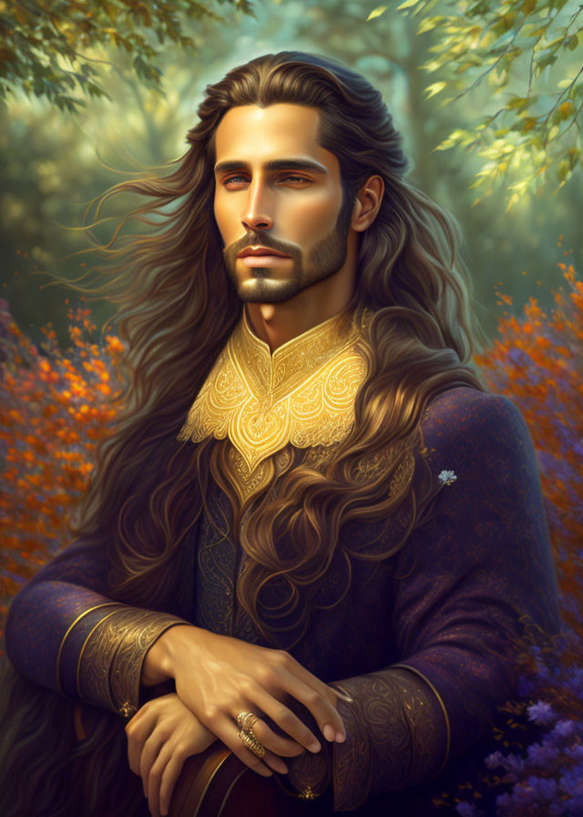 Fantasy man portrait with long hair and beard in ornate attire against golden forest.