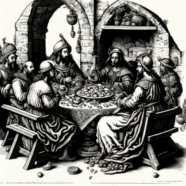 Medieval banquet scene with robed figures and ornate arches in black and white