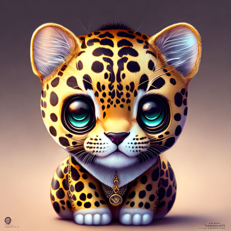 Stylized illustration of cute baby leopard with teal eyes and heart pendant