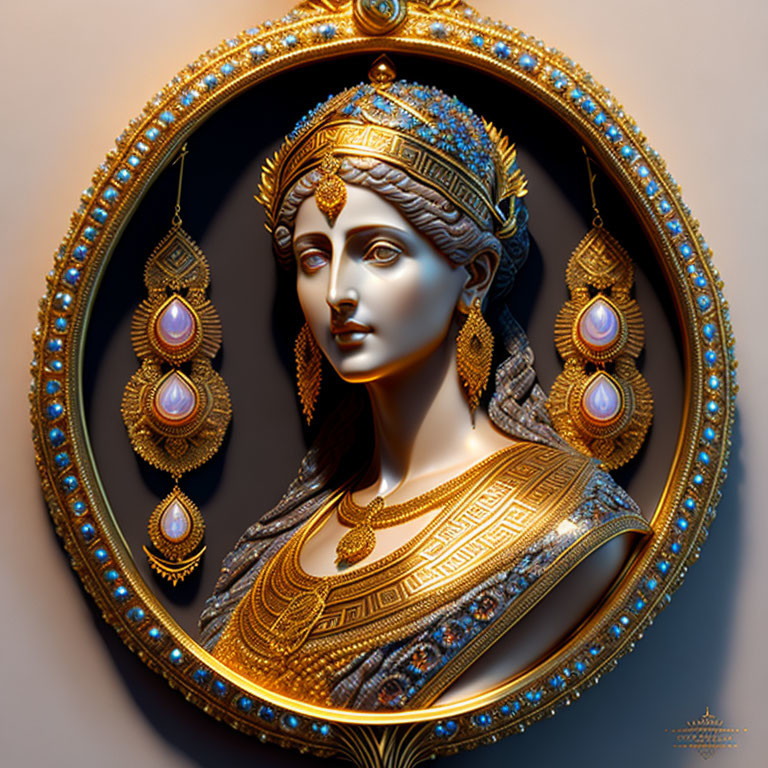 Digital artwork: Woman's profile with ornate gold jewelry on dark backdrop