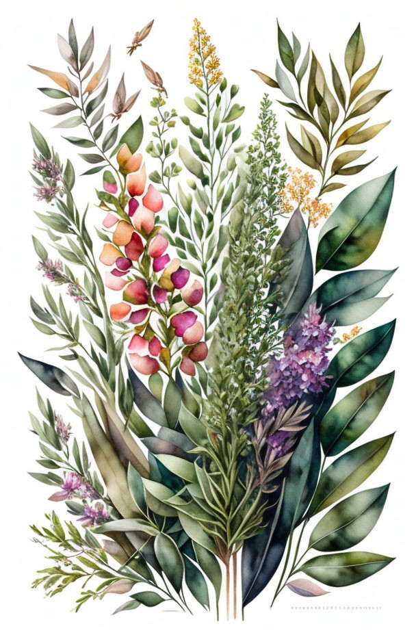 Botanical Watercolor Illustration with Green Foliage and Colorful Flowers