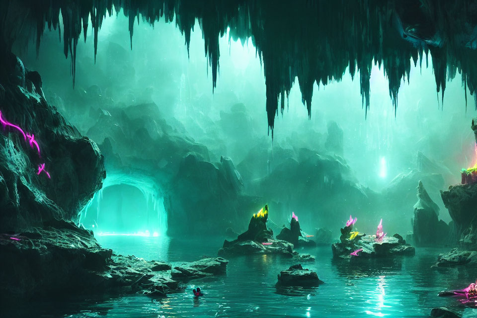 Majestic underground cave with glowing crystals and turquoise waters