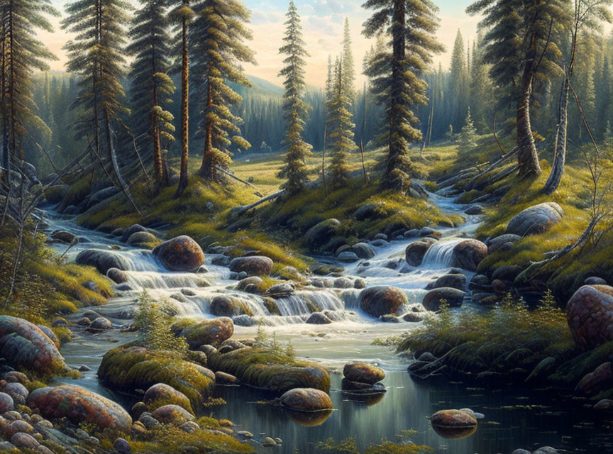 Tranquil forest stream with moss-covered rocks and pine trees