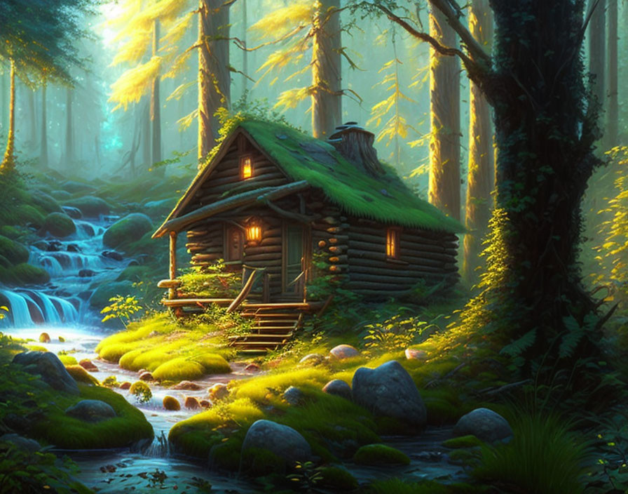 Tranquil forest scene with stream, cabin, and greenery