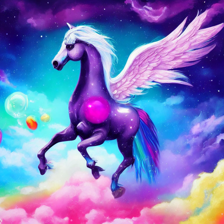 Colorful illustration of majestic winged horse with rainbow tail and mane in whimsical setting