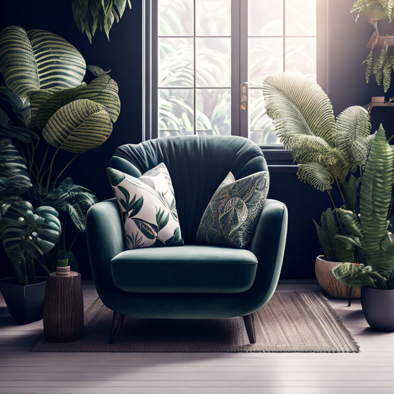 Teal armchair with patterned cushions in cozy interior