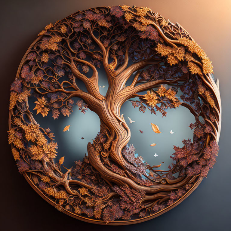 Circular Tree Artwork with Detailed Autumnal Scene and Yin-Yang Motif