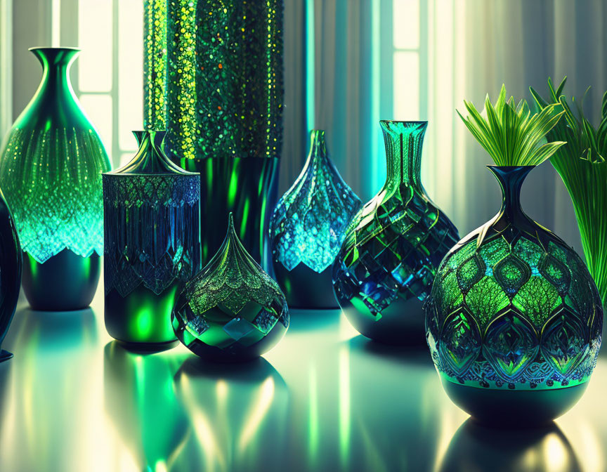 Intricate Blue and Green Glass Vases on Reflective Surface