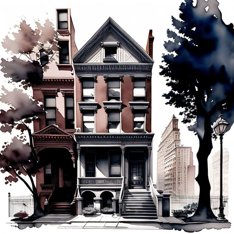 Brown Victorian Townhouse Illustration with Trees and City Background