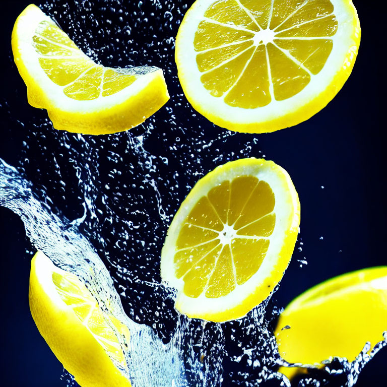 Fresh sliced lemons in motion with splashing water on dark background