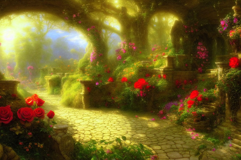 Enchanted garden with cobblestone path and blooming red roses