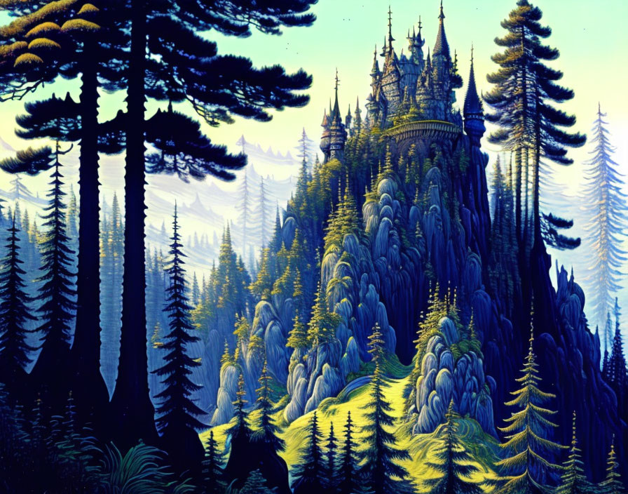 Enchanted forest scene with tall trees and whimsical castle.