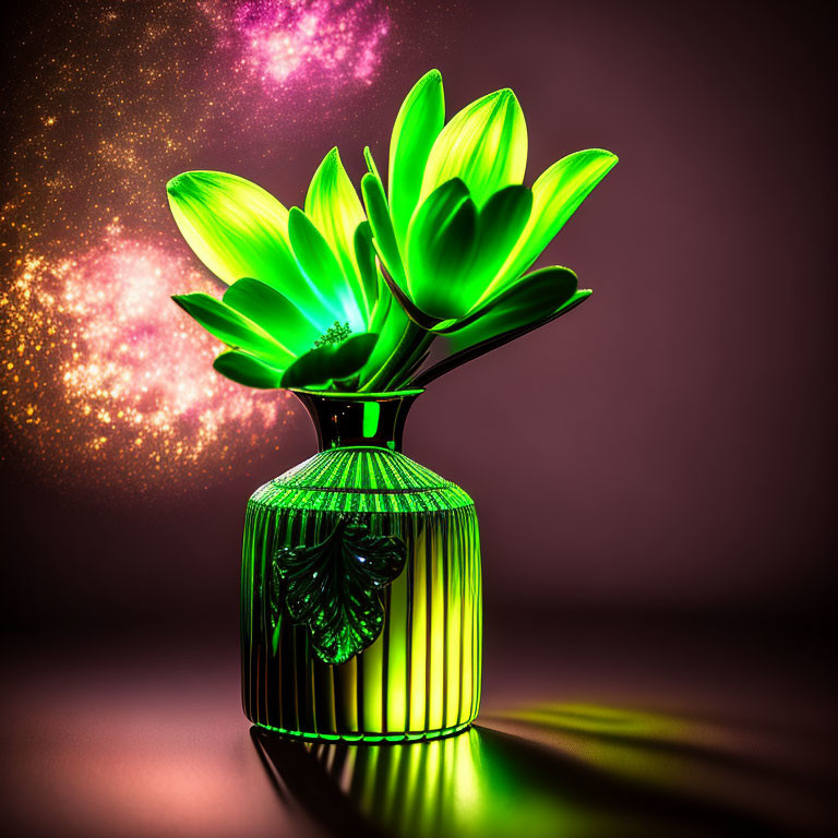 Green Lotus Flower in Decorative Vase on Pink Background