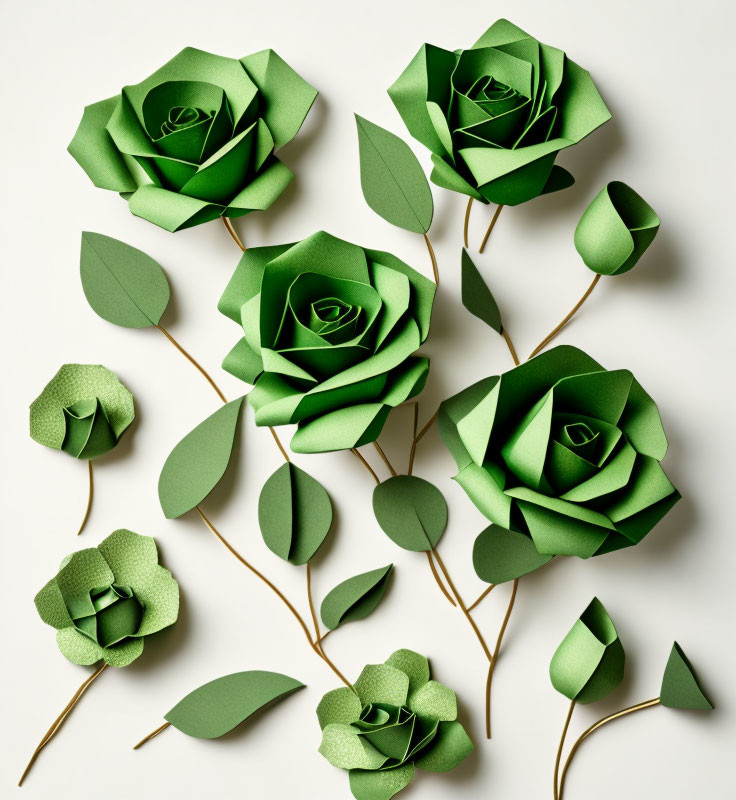 Green rose paper craft bouquet on light background