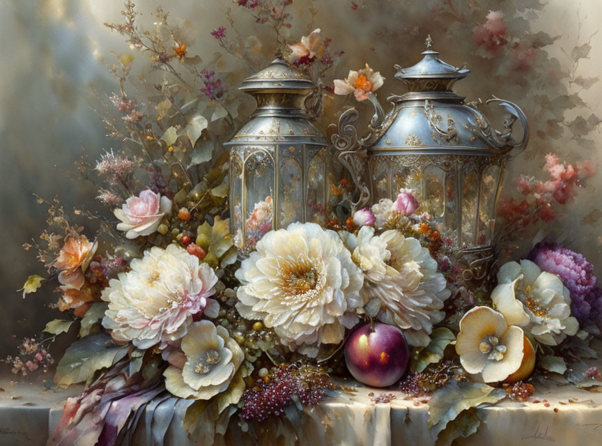 Ornate silver lanterns, flowers, and plum in elegant still life.