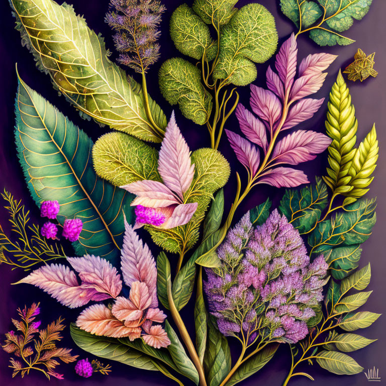 Assorted illustrated plants with diverse leaf shapes and colors, including green and pink, with small purple flowers