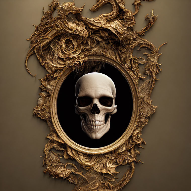 Intricate golden frame with floating human skull on dark background