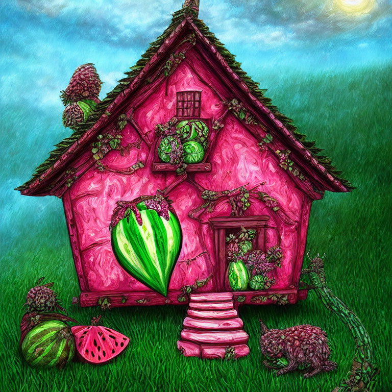 Colorful illustration of pink house with watermelon decor in green landscape