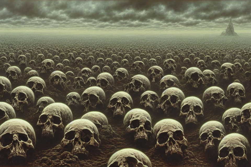 Barren landscape with human skulls under gloomy sky and dark mountain.