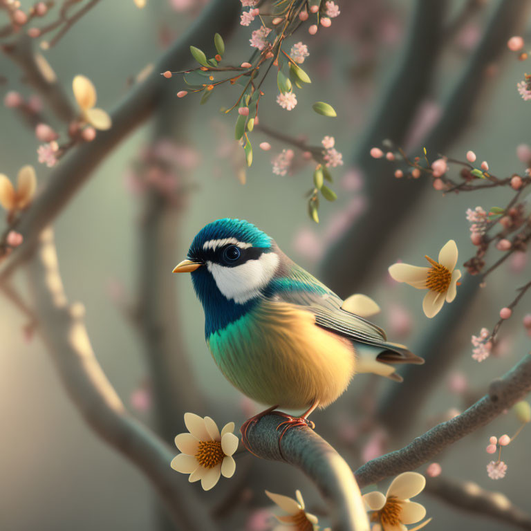 Colorful Bird on Blooming Branch with Pink Flowers and Bokeh Background