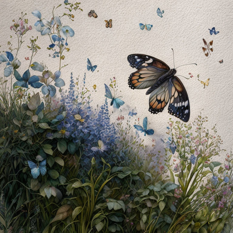 Colorful butterflies fluttering in wildflower scene on textured wall