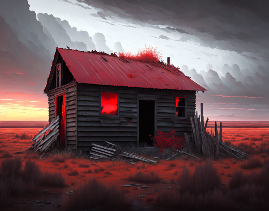 Desolate landscape: Abandoned wooden cabin under red glow at sunset