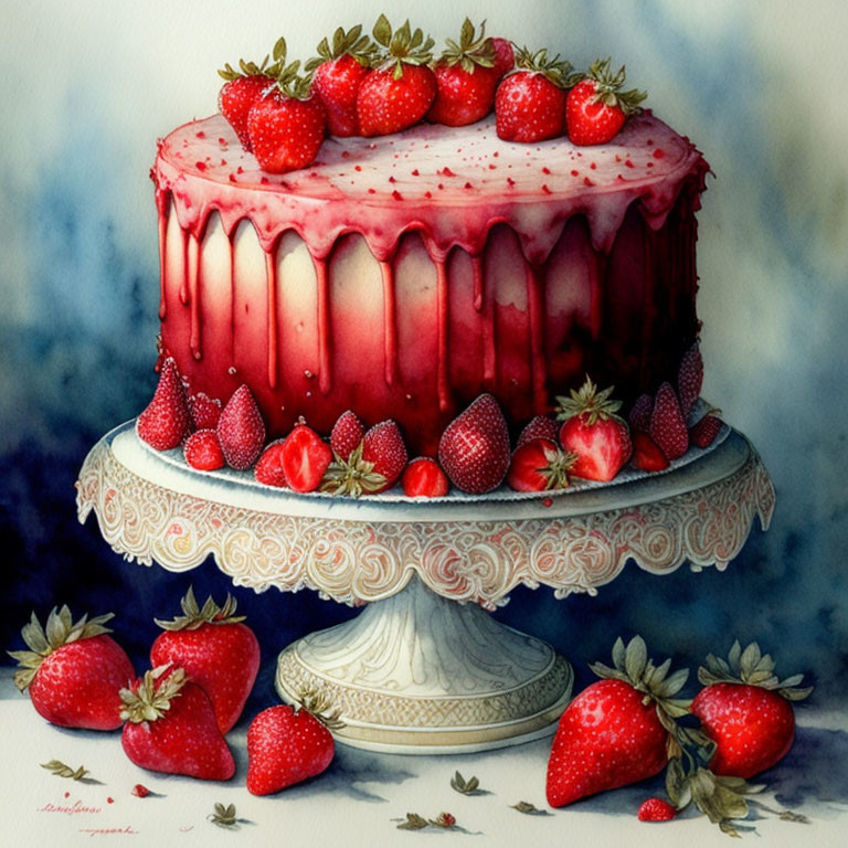 Detailed Watercolor Painting of Strawberry Cake with Icing on Ornate Stand