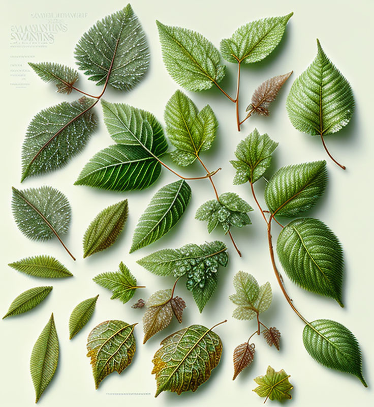 Assorted green leaves with diverse textures, shapes, and sizes on light backdrop