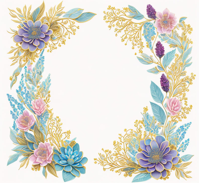 Blue and Pink Floral Arrangement with Golden Leaves and Circular Design on White Background