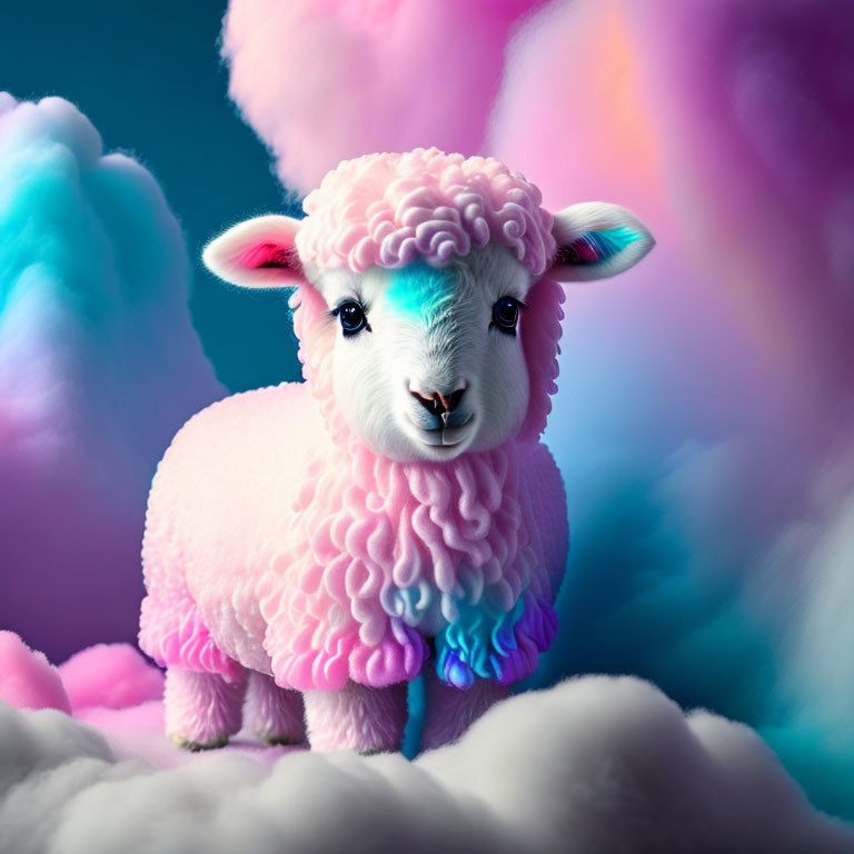 Colorful Stylized Pink Sheep in Dreamy Cloudscape