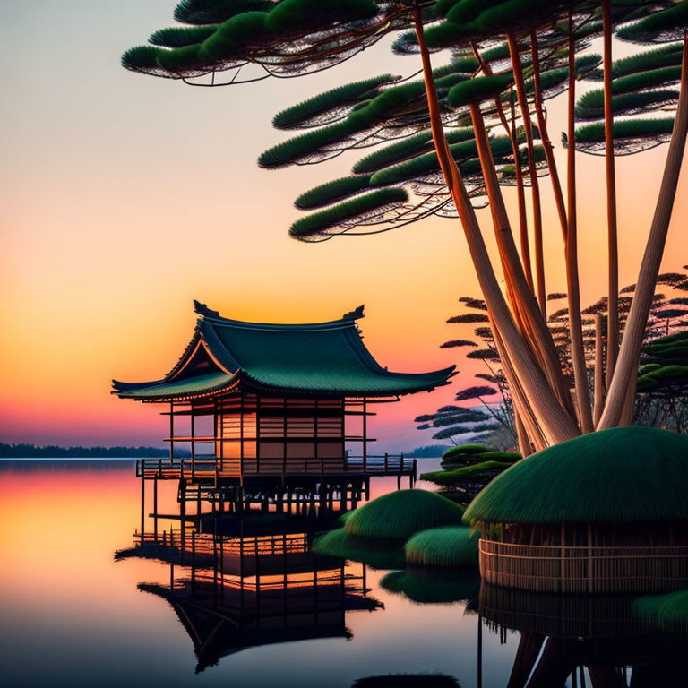 Traditional Japanese Pavilion on Lake at Sunset with Silhouetted Pine Trees