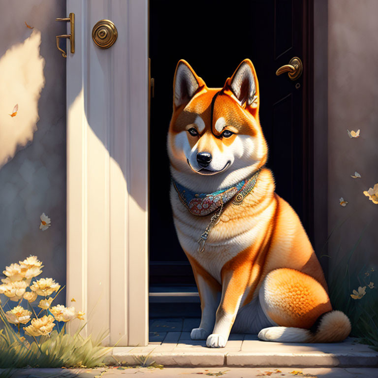 Shiba Inu dog with decorative collar in sunlight with flowers and butterflies