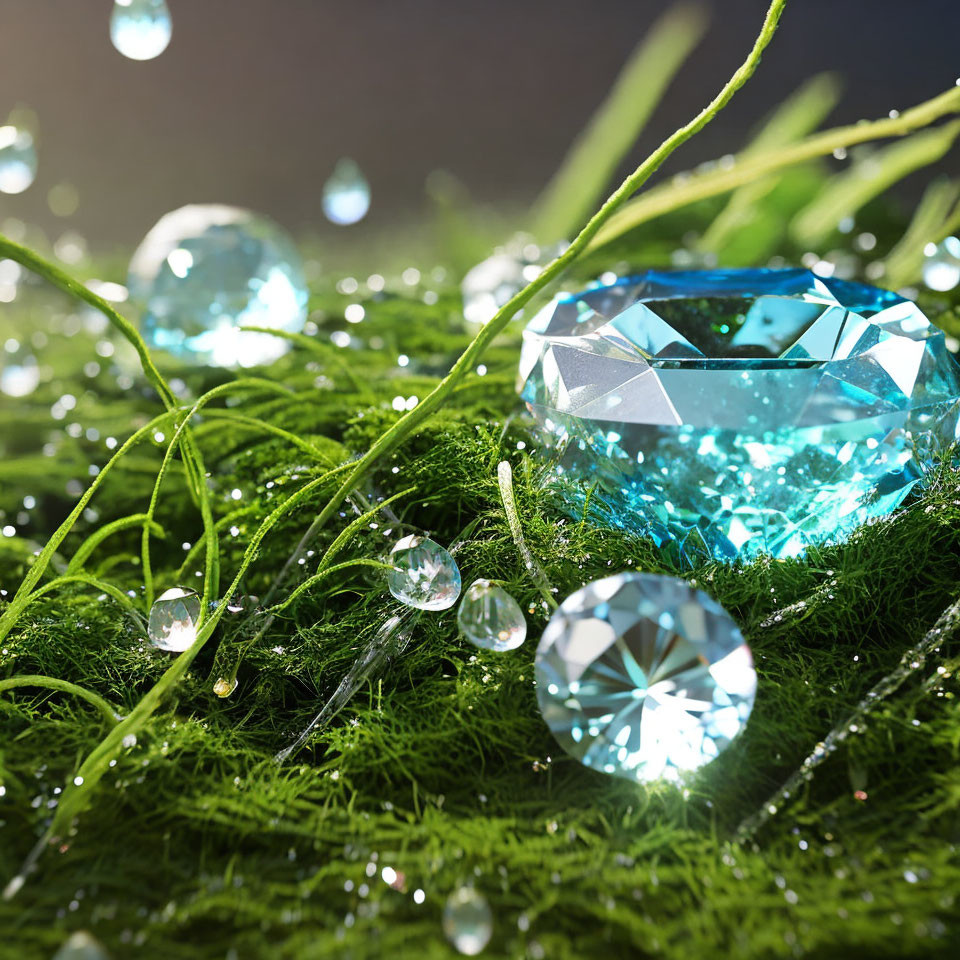 Blue Gemstone and Crystals on Green Moss with Water Droplets