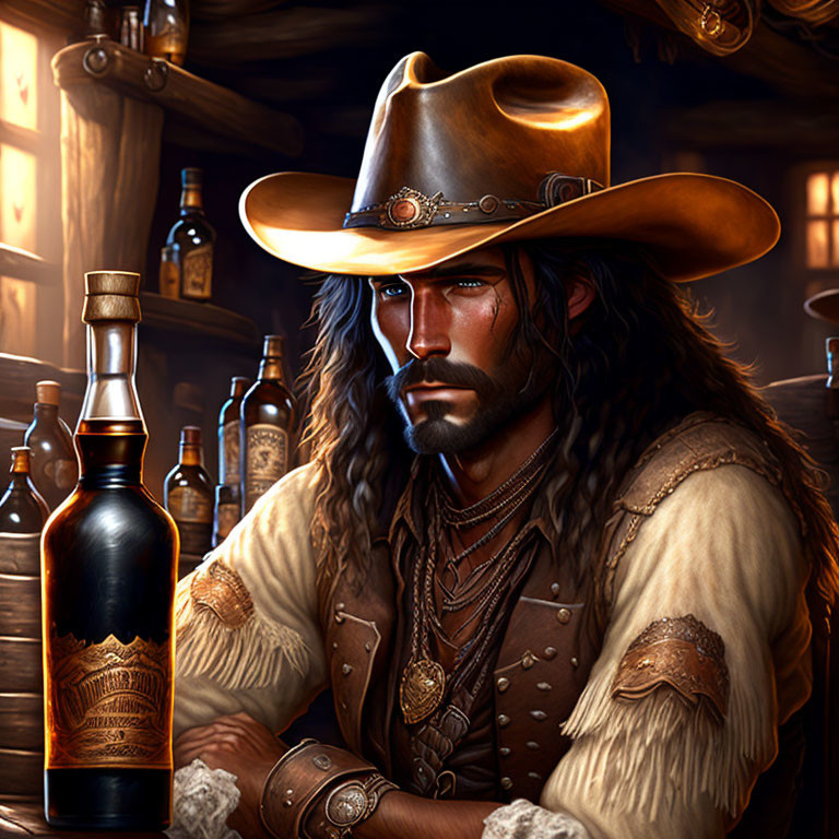 Bearded cowboy in dimly-lit tavern with whiskey bottle.